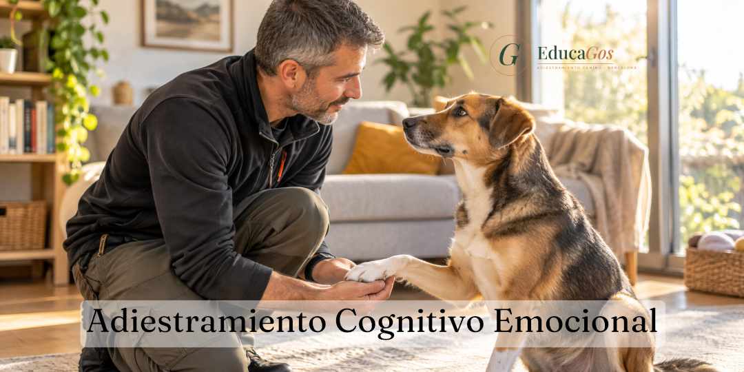 Adiestrador canino arrodillado conectando con la mirada de un perro mestizo en un salón luminoso, gesto de confianza mutua