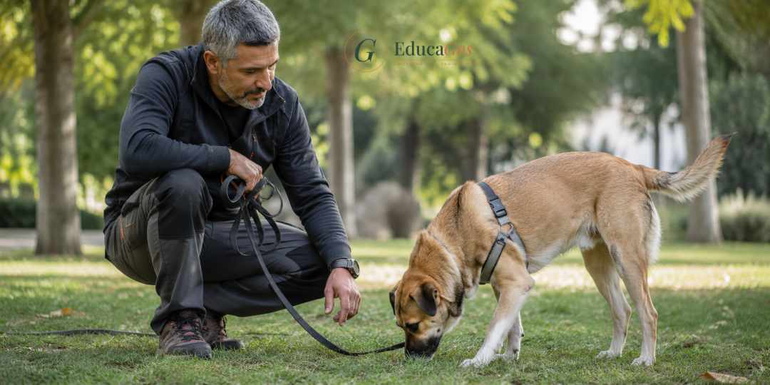 Hombre agachado junto a un perro que olfatea la hierba durante un ejercicio de estimulación mental al aire libre Hombre agachado junto a un perro que olfatea la hierba durante un ejercicio de estimulación mental al aire libre
