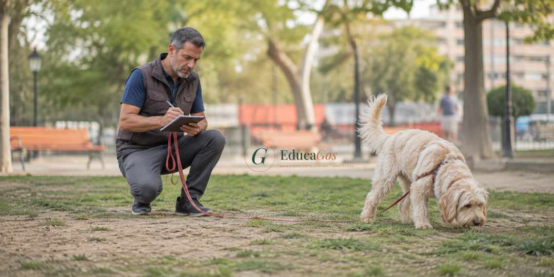 Educador canino de mediana edad observando y tomando notas sobre el comportamiento de un perro en un parque