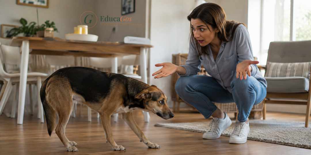 Perro con las orejas hacia atrás y la cabeza baja ante su tutor, señal de sumisión que suele confundirse con culpa