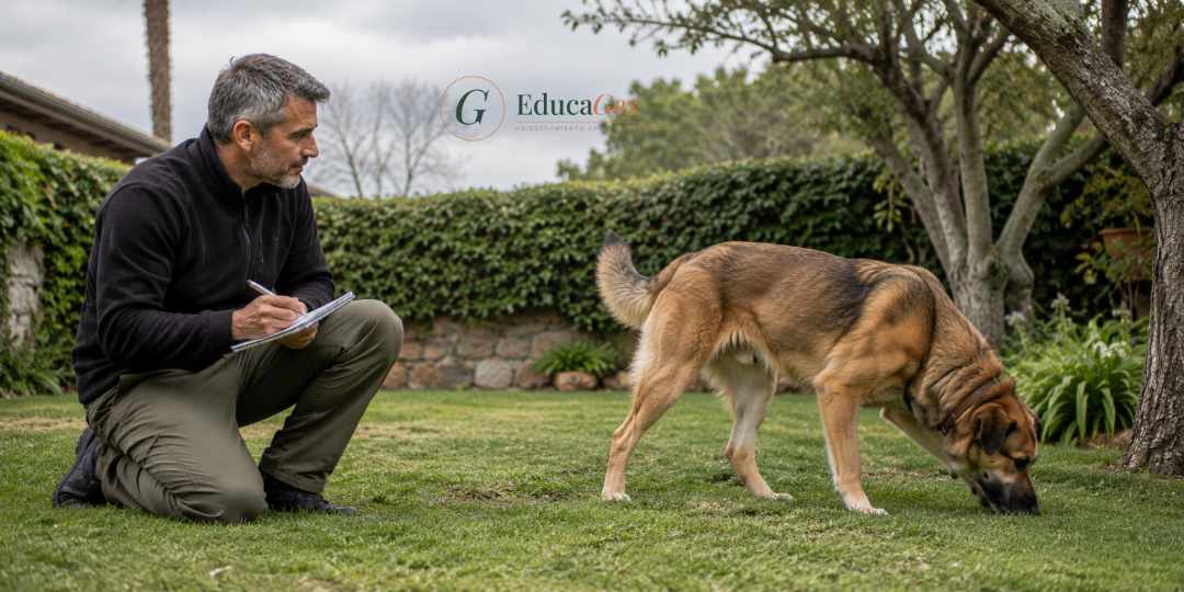 Técnico en modificación de conducta observando con una libreta el comportamiento de un perro en un jardín