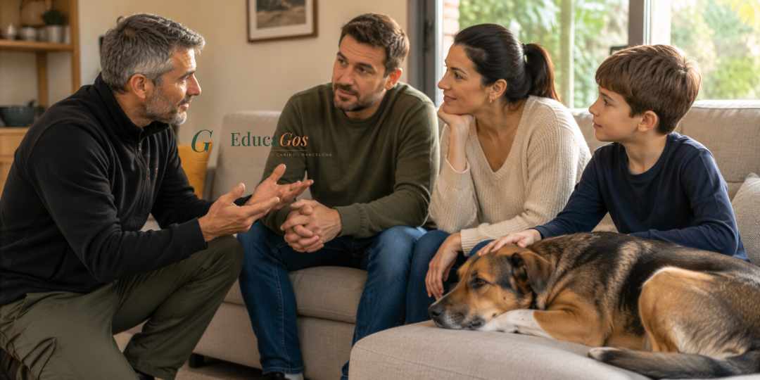 Adiestrador canino explicando a una familia el lenguaje corporal de su perro en el salón de casa