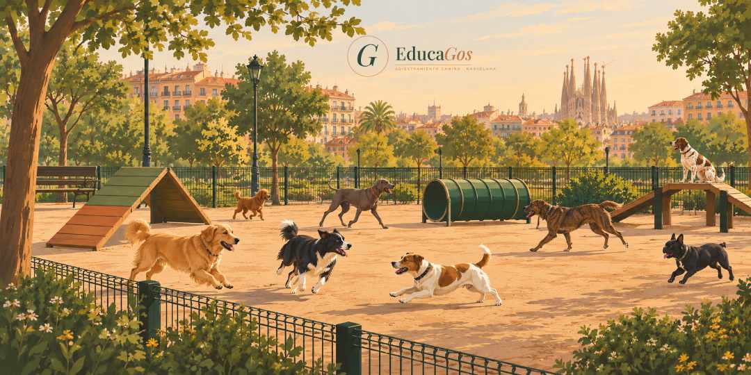 Interior de un pipicán vallado en Barcelona con varios perros jugando