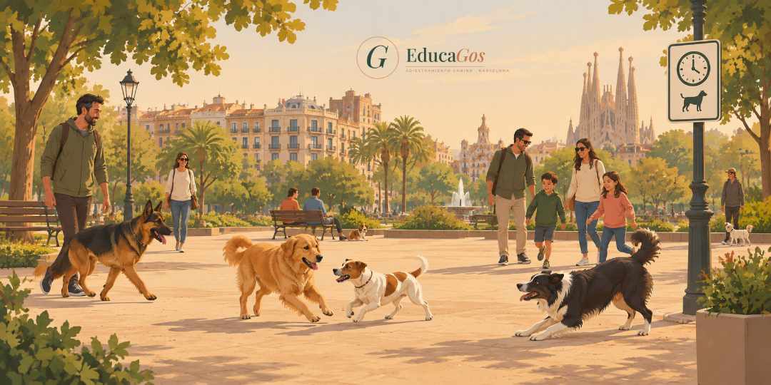 Perros y personas compartiendo una plaza de Barcelona en horario de zona de uso compartido ZUC. Pipicanes en Barcelona, la guía completa de espacios para perros sin correa