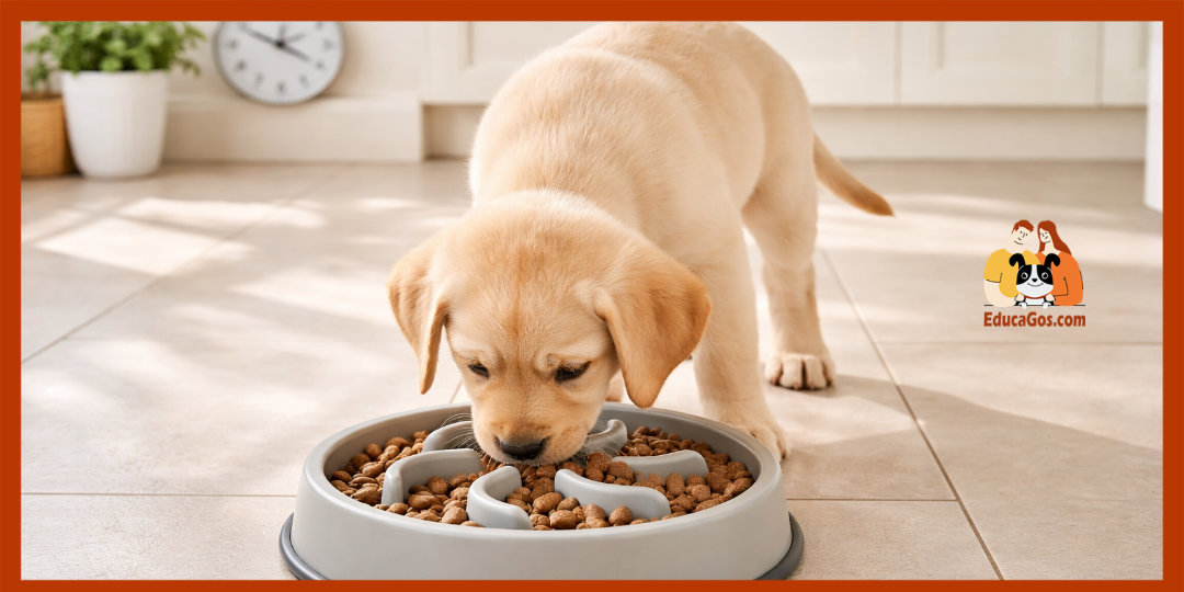 Cachorro comiendo en comedero anti-voracidad antes del paseo para prevenir problemas digestivos