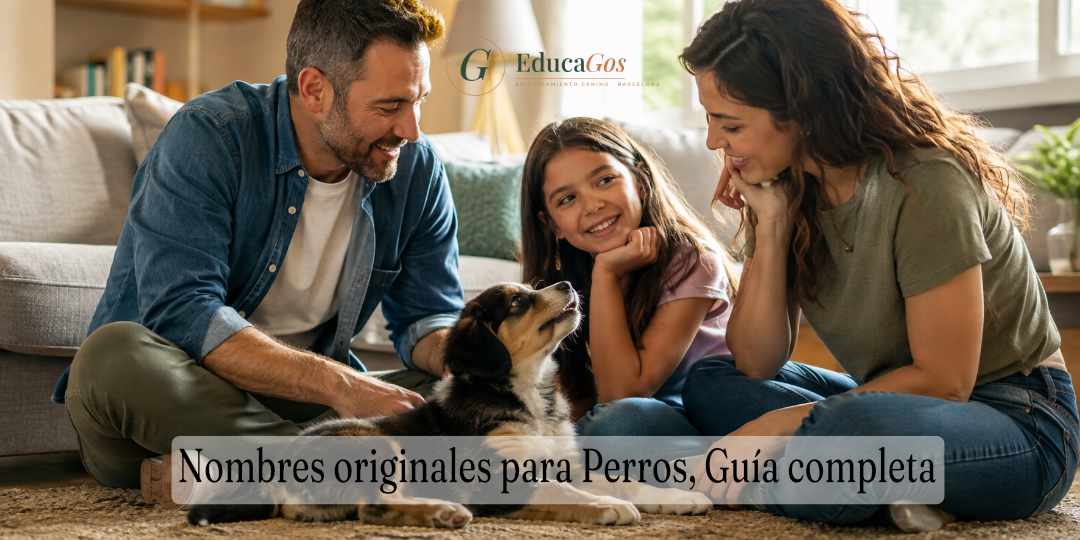 Familia reunida en el salón eligiendo el nombre de su nuevo cachorro. Nombres originales para perros