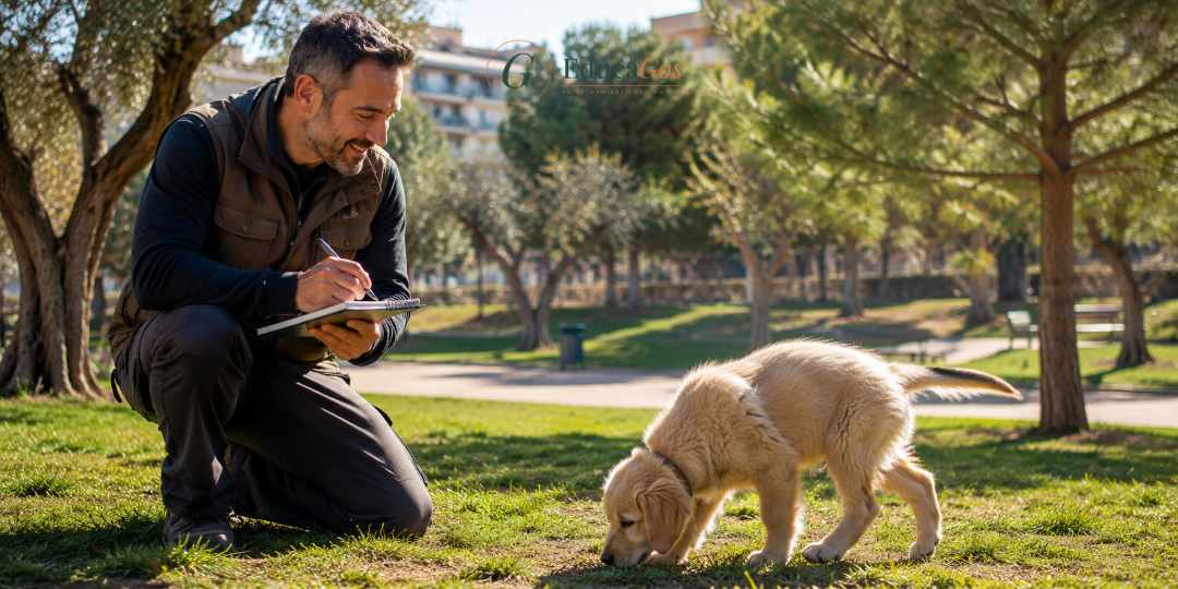 Adiestrador canino profesional observando el carácter de un cachorro en un parque