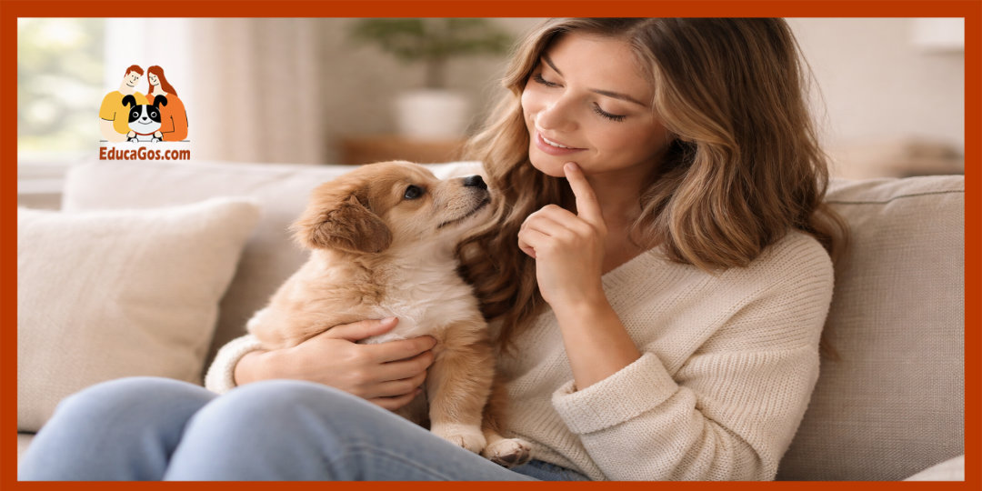 Propietaria observando a su cachorro antes de elegir un nombre para su perro