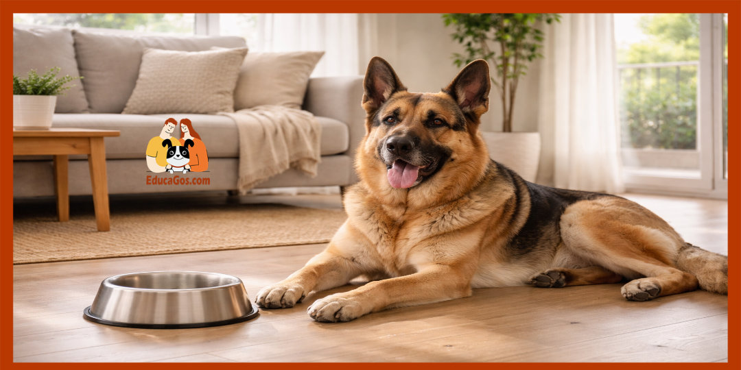 Perro de raza grande descansando después de comer antes de salir a pasear