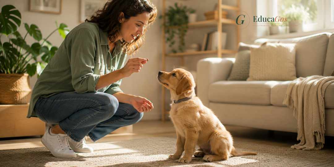 Cachorro recibiendo un premio de su cuidadora tras responder correctamente a su nombre