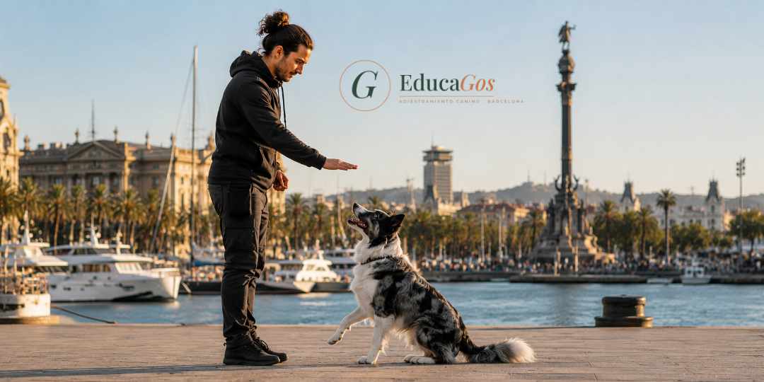 Adiestrador canino realizando ejercicios de obediencia con un perro en Barcelona
