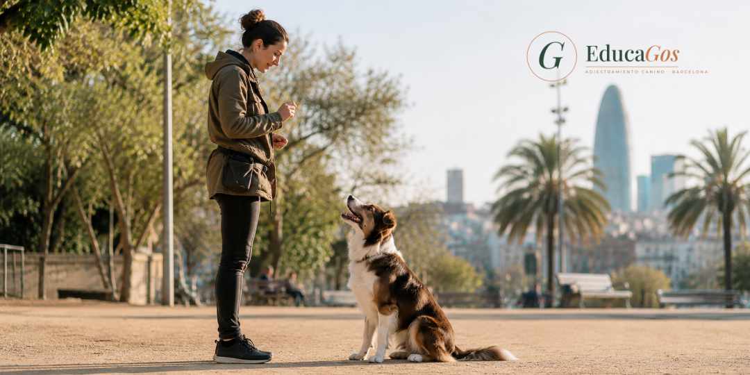 Educador canino trabajando la convivencia y socialización de un perro en Barcelona
