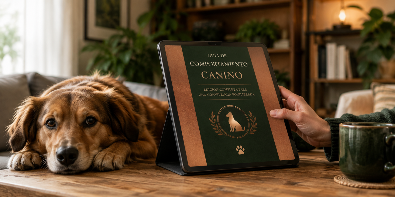 Guía El Mapa Emocional de tu Perro de EducaGos en una tablet junto a un perro tranquilo Guia El Mapa Emocional de tu Perro de EducaGos en una tablet junto a un perro tranquilo