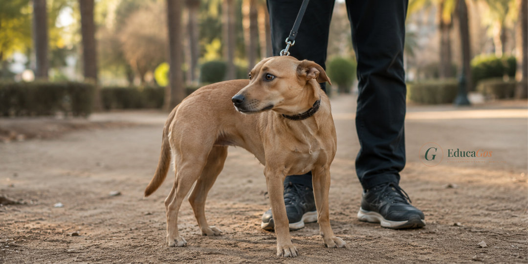 Perro ansioso con señales de estrés en el paseo por Barcelona Perro ansioso con señales de estrés en el paseo por Barcelona