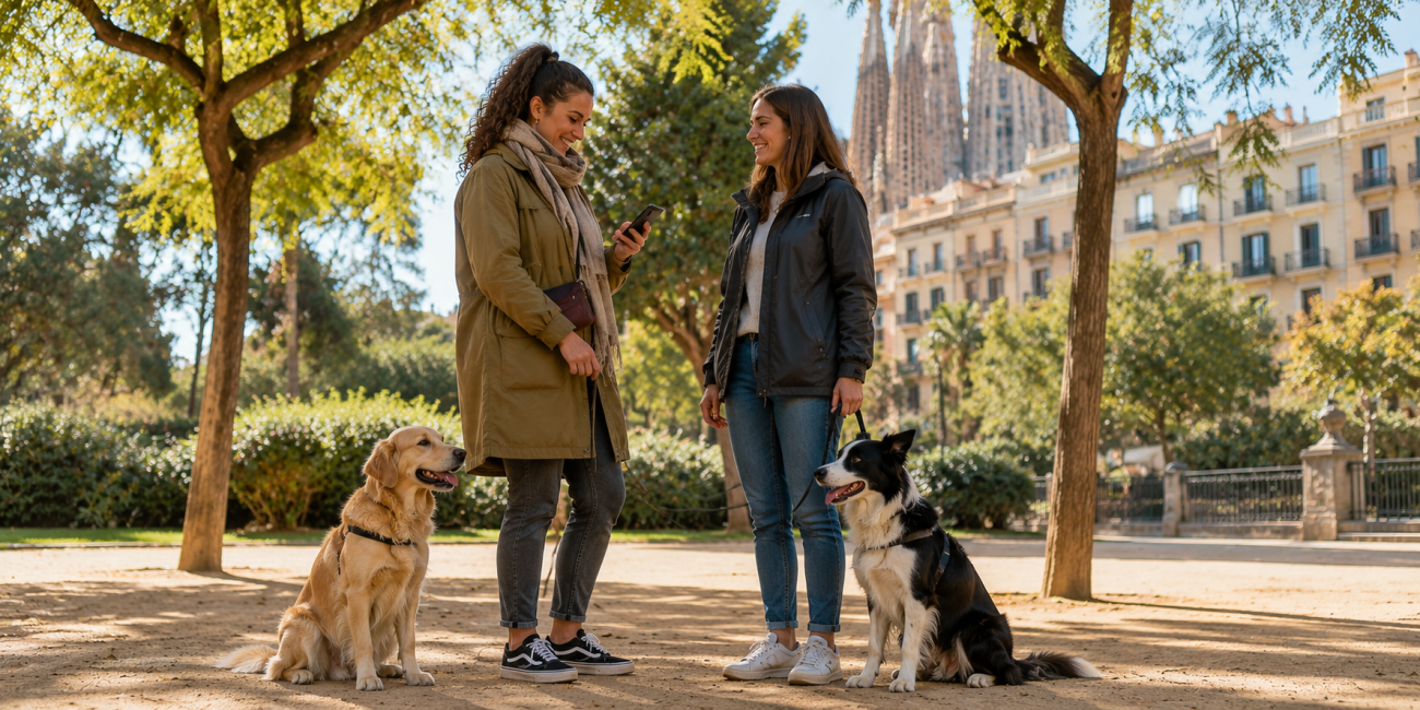 Dos personas con sus perros hablando sobre un adiestrador canino recomendado en Barcelona Dos personas con sus perros hablando sobre un adiestrador canino recomendado en Barcelona