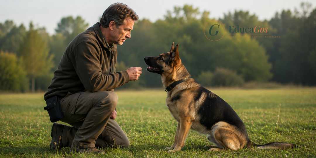 Adiestrador trabajando con su perro en una sesión de adiestramiento cognitivo emocional al aire libre