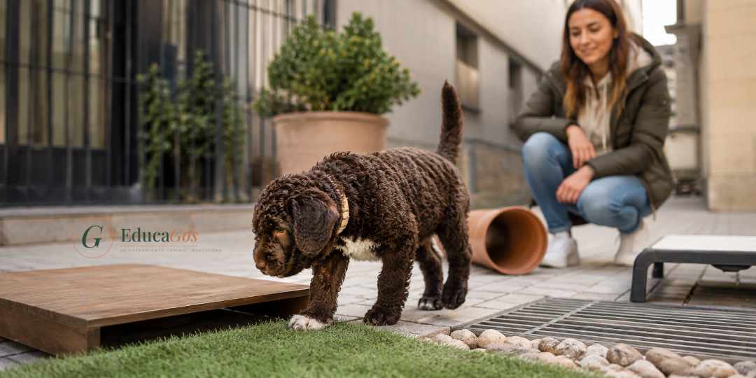 Cachorro de perro de agua español socializando en un entorno urbano controlado Cachorro de perro de agua español socializando en un entorno urbano controlado