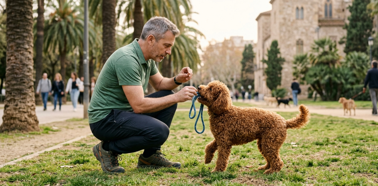 Adiestrador canino entrenando la orden de suelta con un perro en un parque