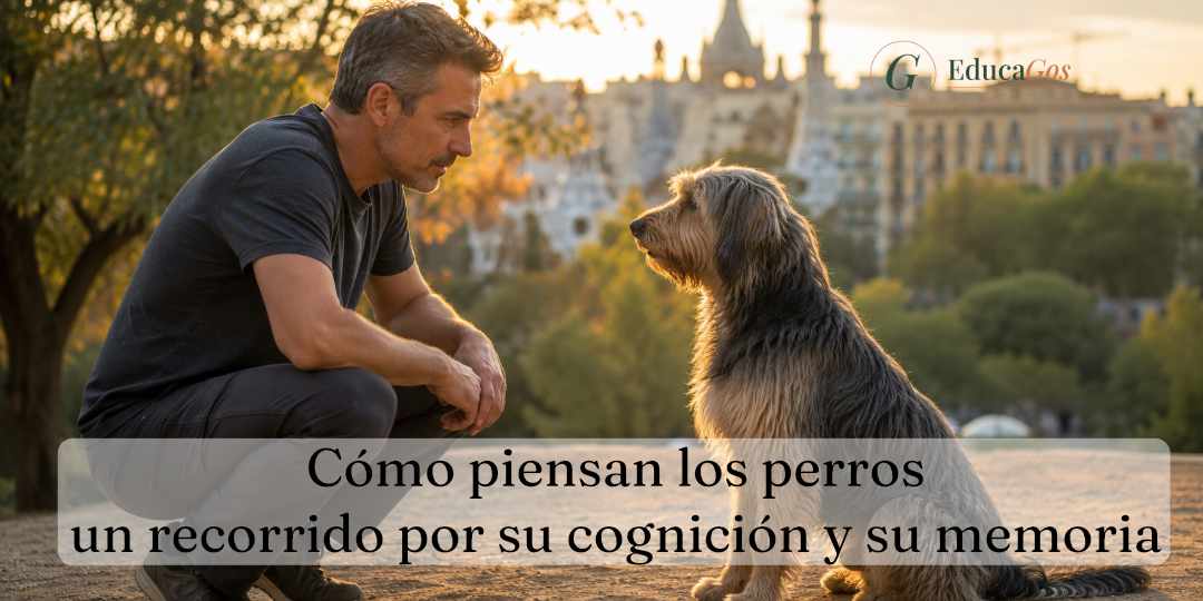 Adiestrador canino observando con atención a un perro que le mira fijamente en un parque de Barcelona