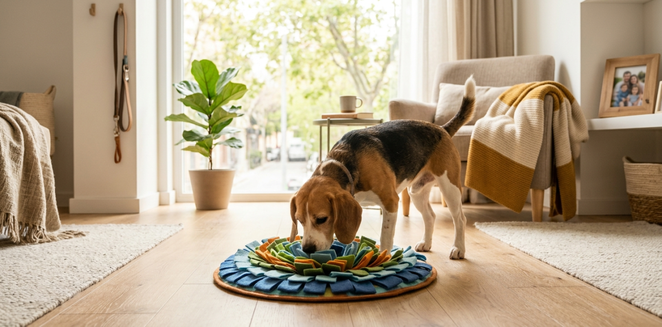 Perro realizando un juego de olfato con premios escondidos en casa