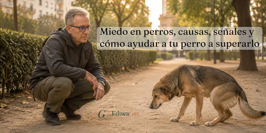 Adiestrador canino ayudando a un perro con miedo en un parque de Barcelona
