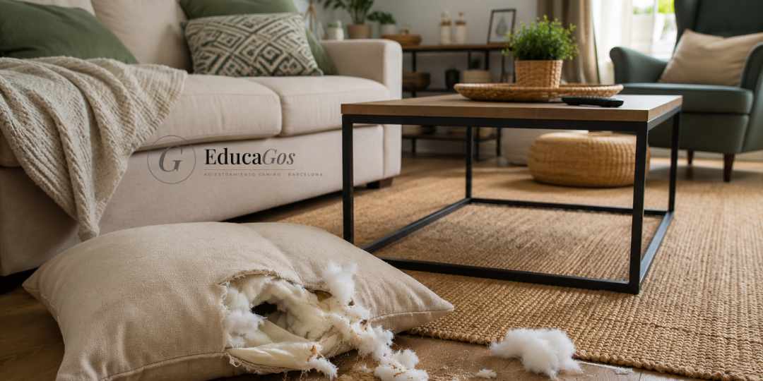 Cojín y objeto masticado en el suelo del salón como señal de ansiedad por separación en perros Cojín y objeto masticado en el suelo del salón como señal de ansiedad por separación en perros
