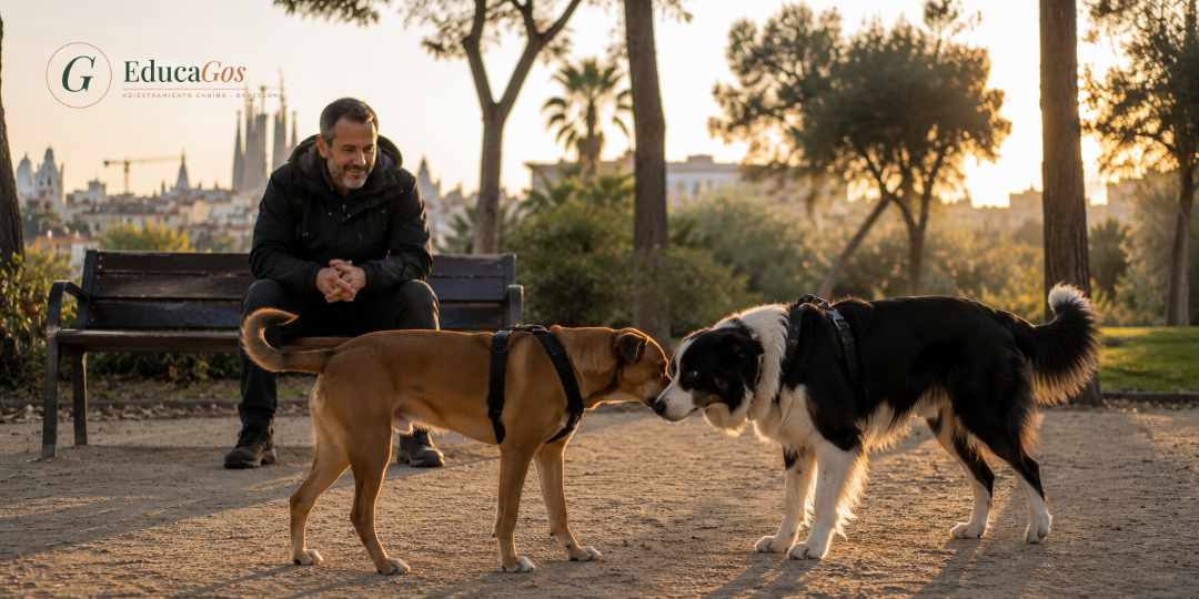 Dos perros comunicándose a través del olfato en un parque de Barcelona