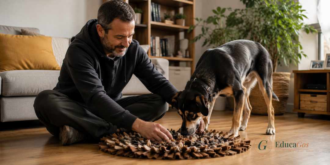 Educador canino trabajando ejercicios de olfato para mejorar el bienestar emocional de un perro