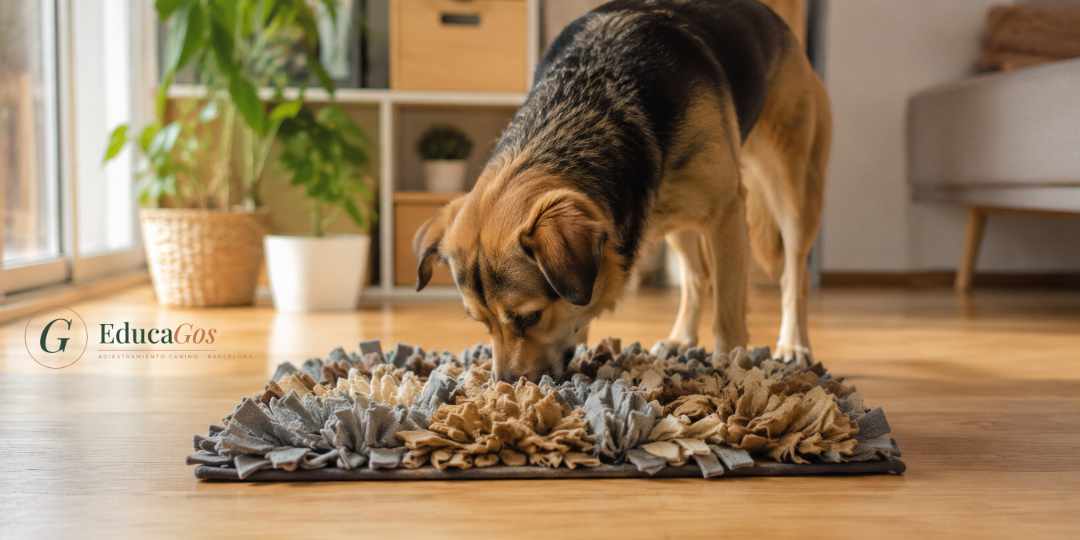 Perro realizando un ejercicio de olfato y enriquecimiento mental en el suelo Perro realizando un ejercicio de olfato y enriquecimiento mental en el suelo