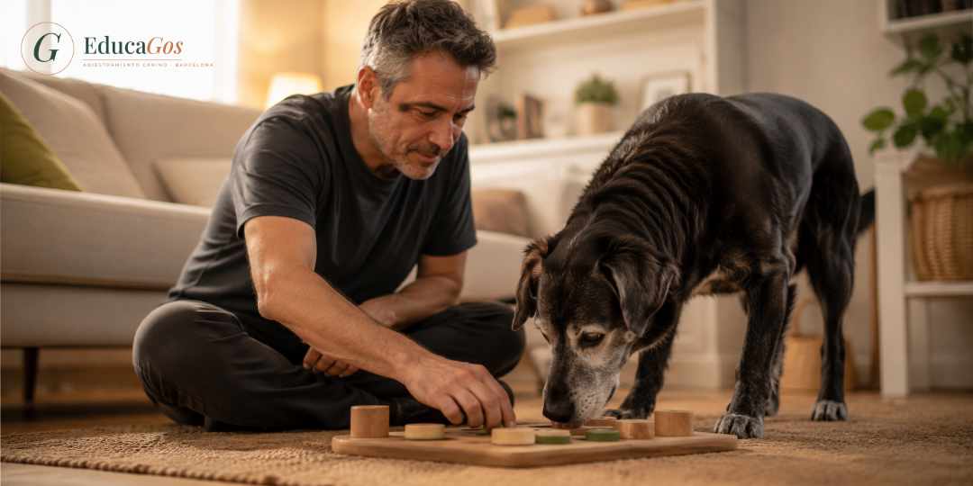 Técnico en modificación de conducta trabajando el enriquecimiento mental con un perro senior