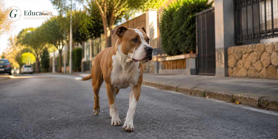Perro caminando con seguridad por una calle conocida gracias a su memoria espacial
