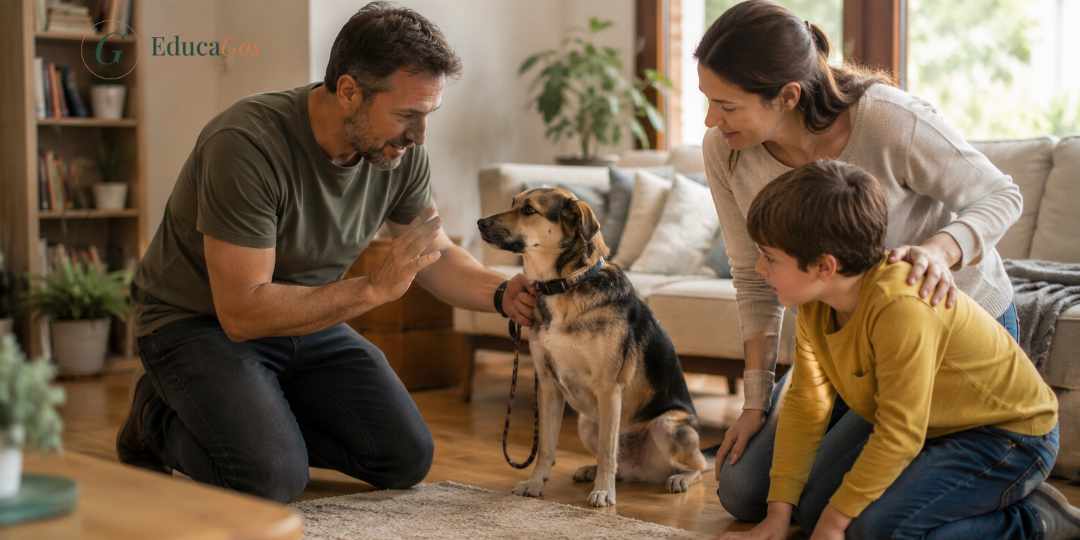 Familia con niños y perro golden retriever jugando tranquilos en un parque de Barcelona Familia con niños y perro golden retriever jugando tranquilos en un parque de Barcelona