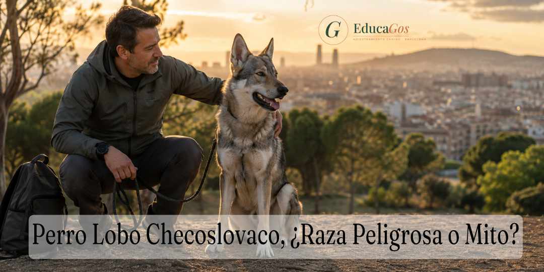 perro lobo checoslovaco raza peligrosa. Adiestrador trabajando con un perro lobo checoslovaco en un parque de Barcelona