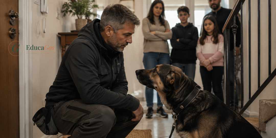 Adiestrador canino agachado junto a un pastor alemán en la entrada de una vivienda, con la familia observando durante una sesión de modificación de conducta a domicilio