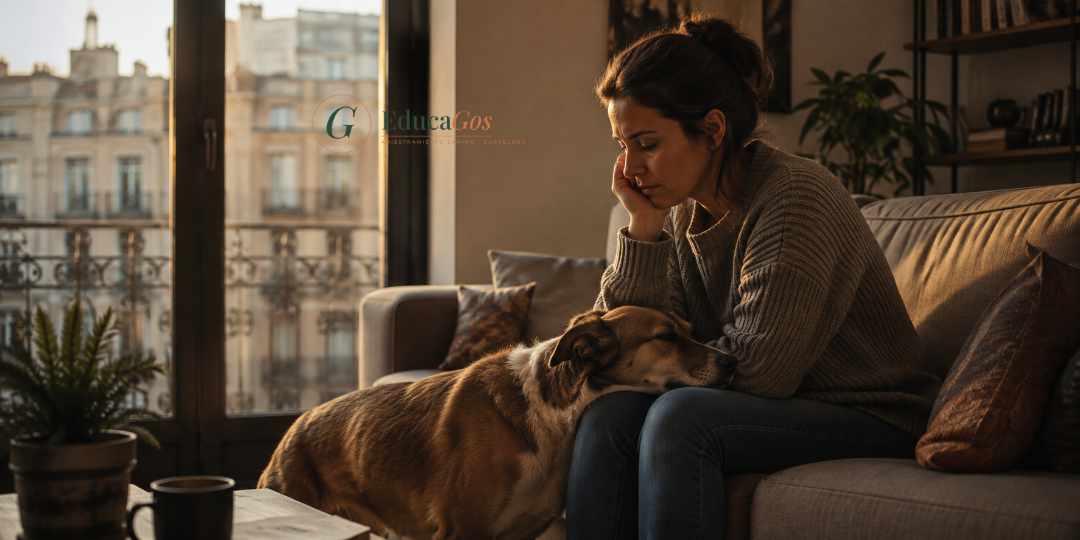 Mujer con expresión triste en el sofá mientras su perro apoya la cabeza en su regazo, mostrando cómo el animal percibe su estado emocional