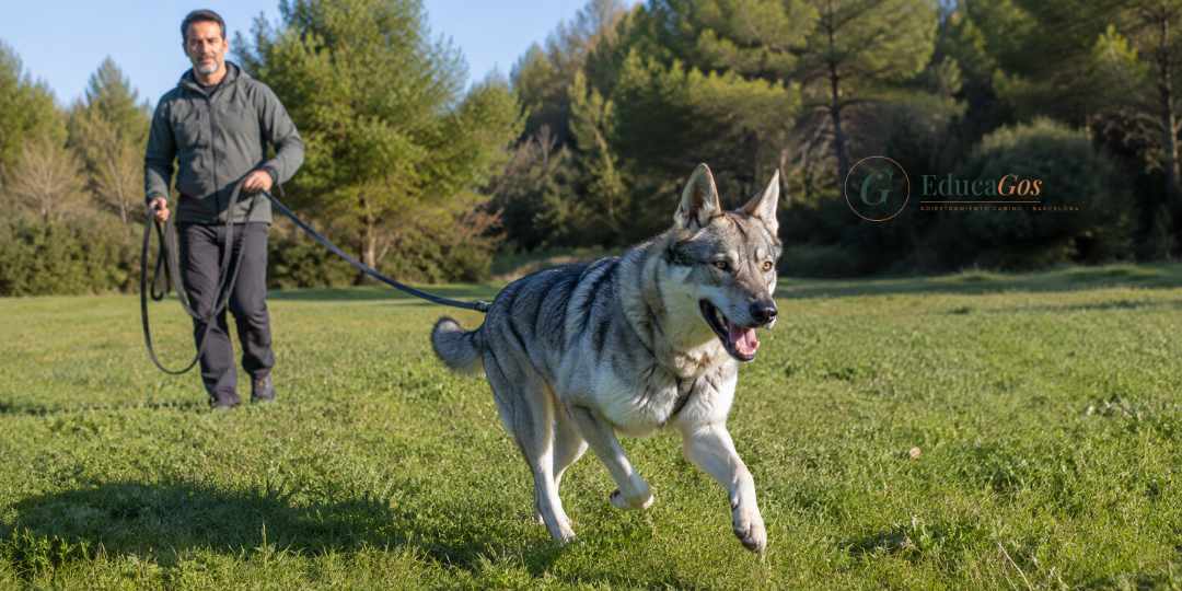 Perro lobo checoslovaco haciendo ejercicio supervisado en espacio abierto
