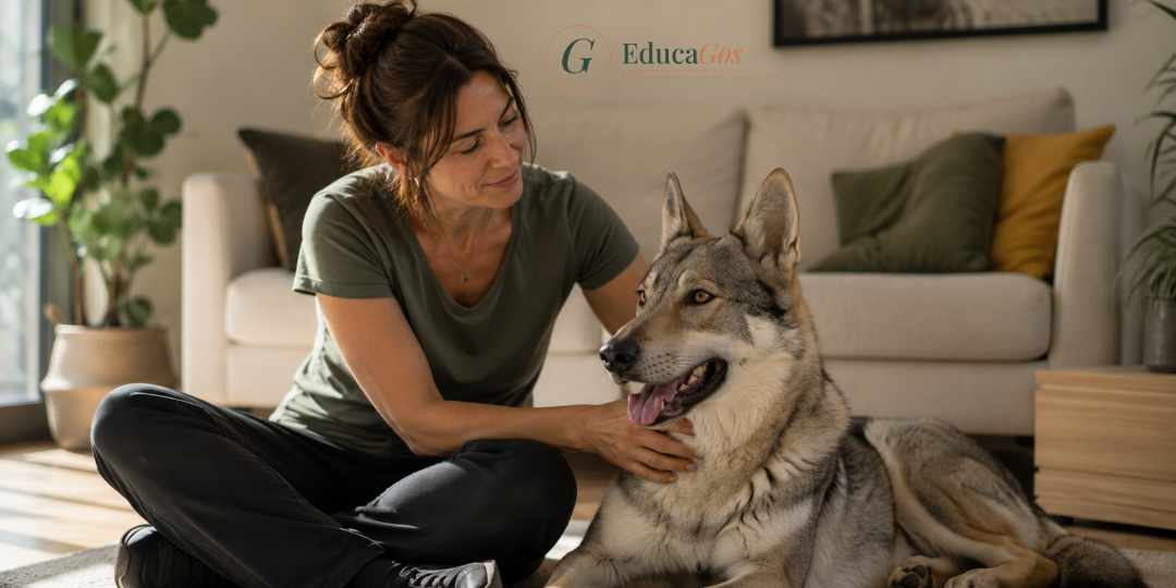 Vínculo de confianza entre una profesional y un perro lobo checoslovaco en casa