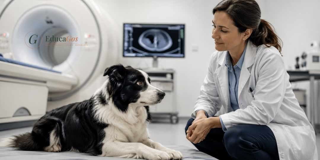 Border collie tumbado en un escáner de resonancia magnética funcional durante el estudio que confirma que los perros reconocen emociones humanas