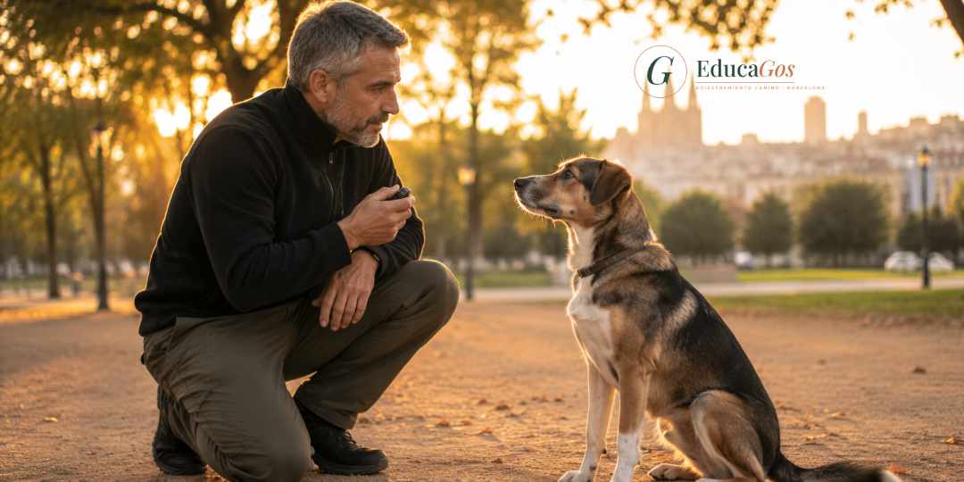 Adiestrador canino usando un clicker con un perro relajado en un parque de Barcelona al atardecer