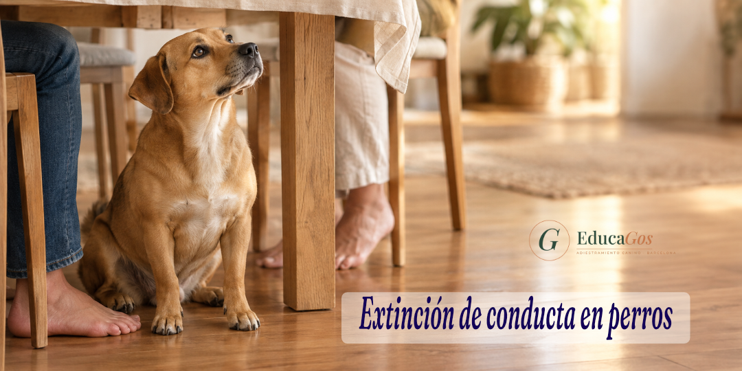 Perro sentado junto a la mesa del comedor mirando hacia arriba con expectativa mientras la familia come