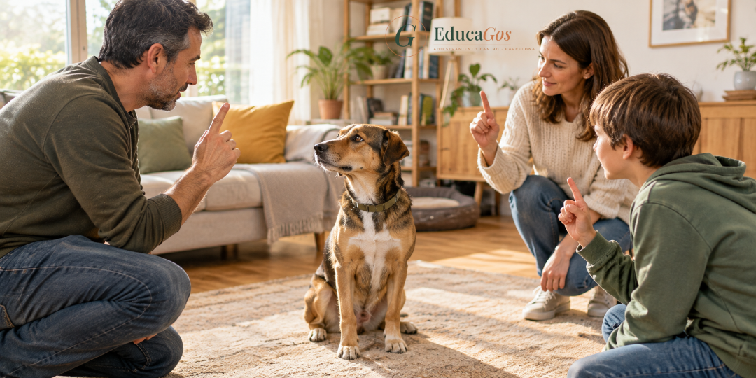 familia comunicándose de forma consistente con su perro. Sección, qué cambia en la comunicación diaria.