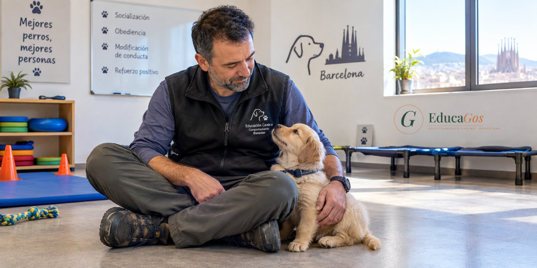 técnico en modificación de conducta canina con un cachorro en una clase en Barcelona.