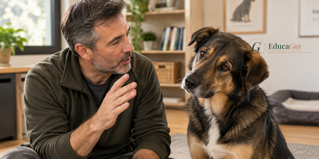 adiestrador canino comunicándose de forma clara con un perro. Sección, qué ha descubierto el estudio. Cómo entienden los perros las palabras