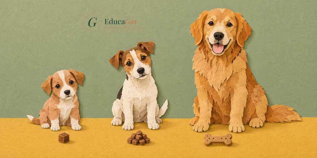 Collage de un cachorro, un perro pequeño y uno grande, cada uno con una golosina de su tamaño