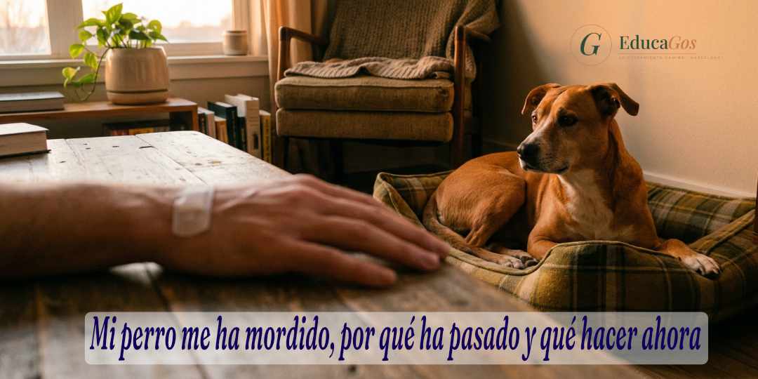 Perro tumbado en su cama con la mirada desviada mientras su tutor, con un apósito en la mano, lo observa tras una mordida en casa