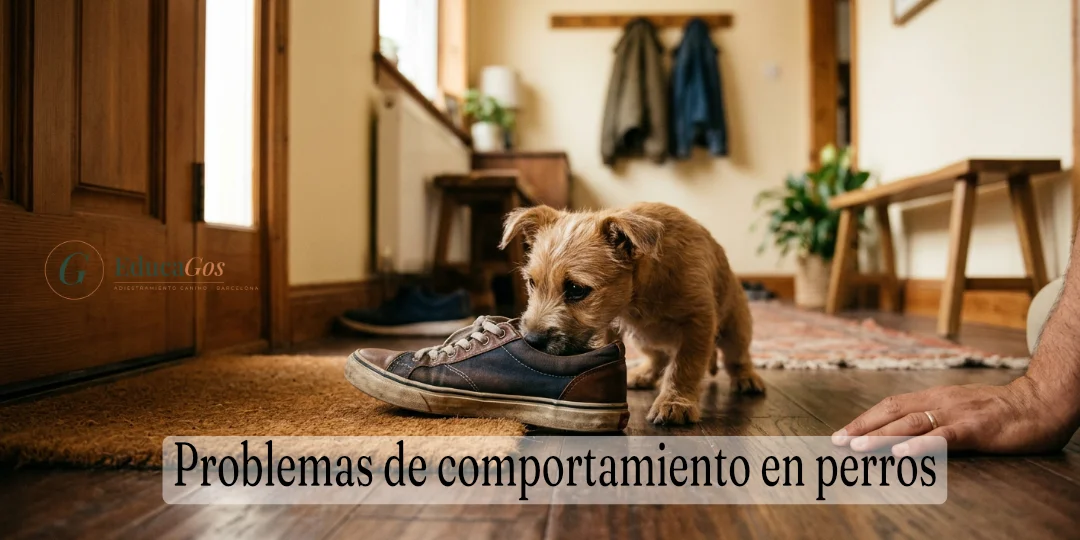 Cachorro explorando con calma el recibidor de casa, base para prevenir problemas de comportamiento en perros