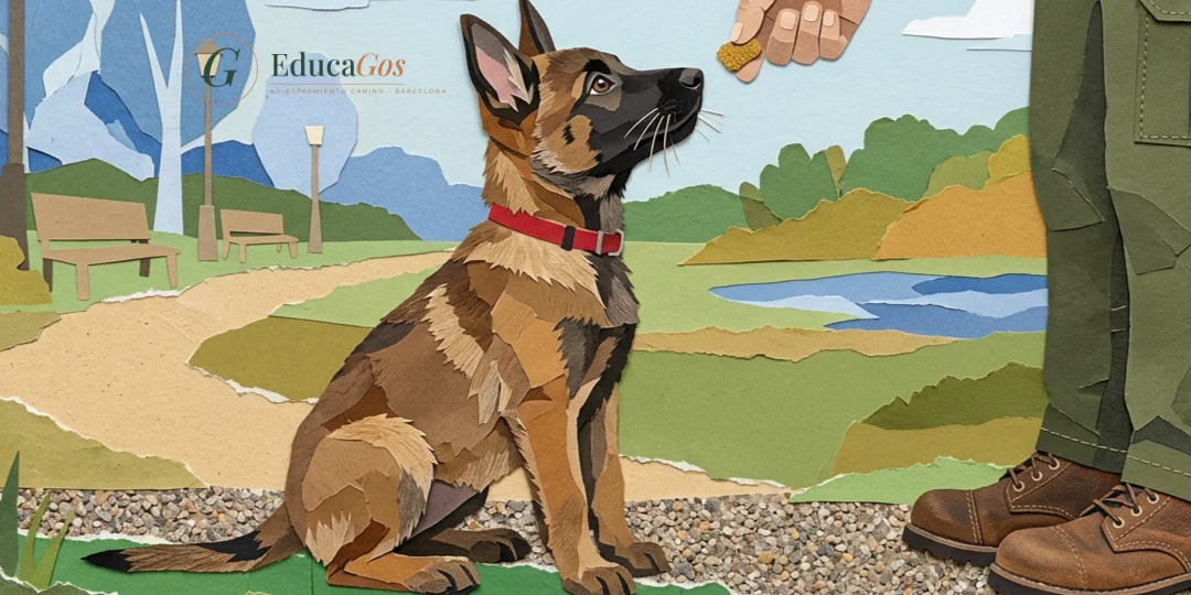 Cachorra de malinois sentada junto a la pierna de su adiestrador aprendiendo la posición base del junto Cachorra de malinois sentada junto a la pierna de su adiestrador aprendiendo la posición base del junto