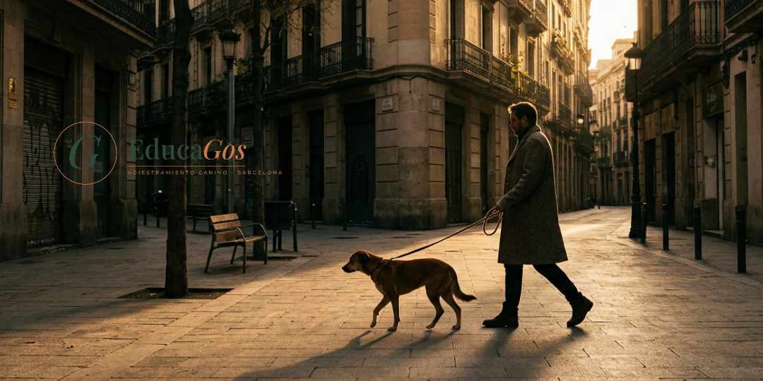Tutor paseando a su perra en celo al amanecer por una calle tranquila de Barcelona