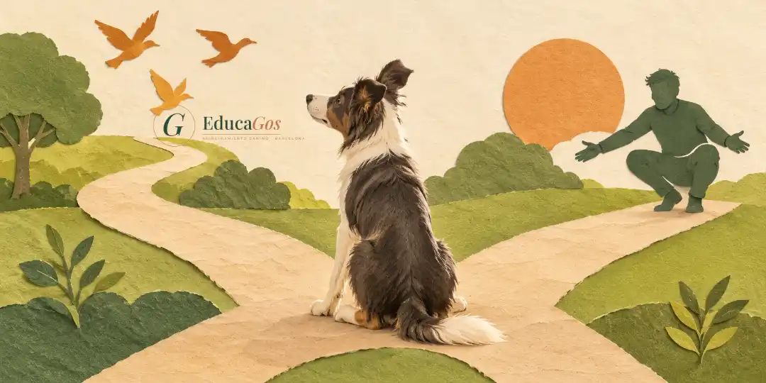 Collage de un perro adolescente dudando entre las distracciones y la llamada de su tutor. Cómo llevar al perro suelto