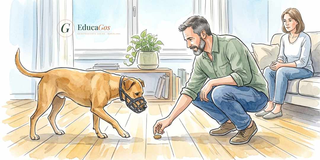 Técnico en modificación de conducta trabajando con un perro con bozal de cesta en su domicilio tras una mordida. Mi perro me ha mordido
